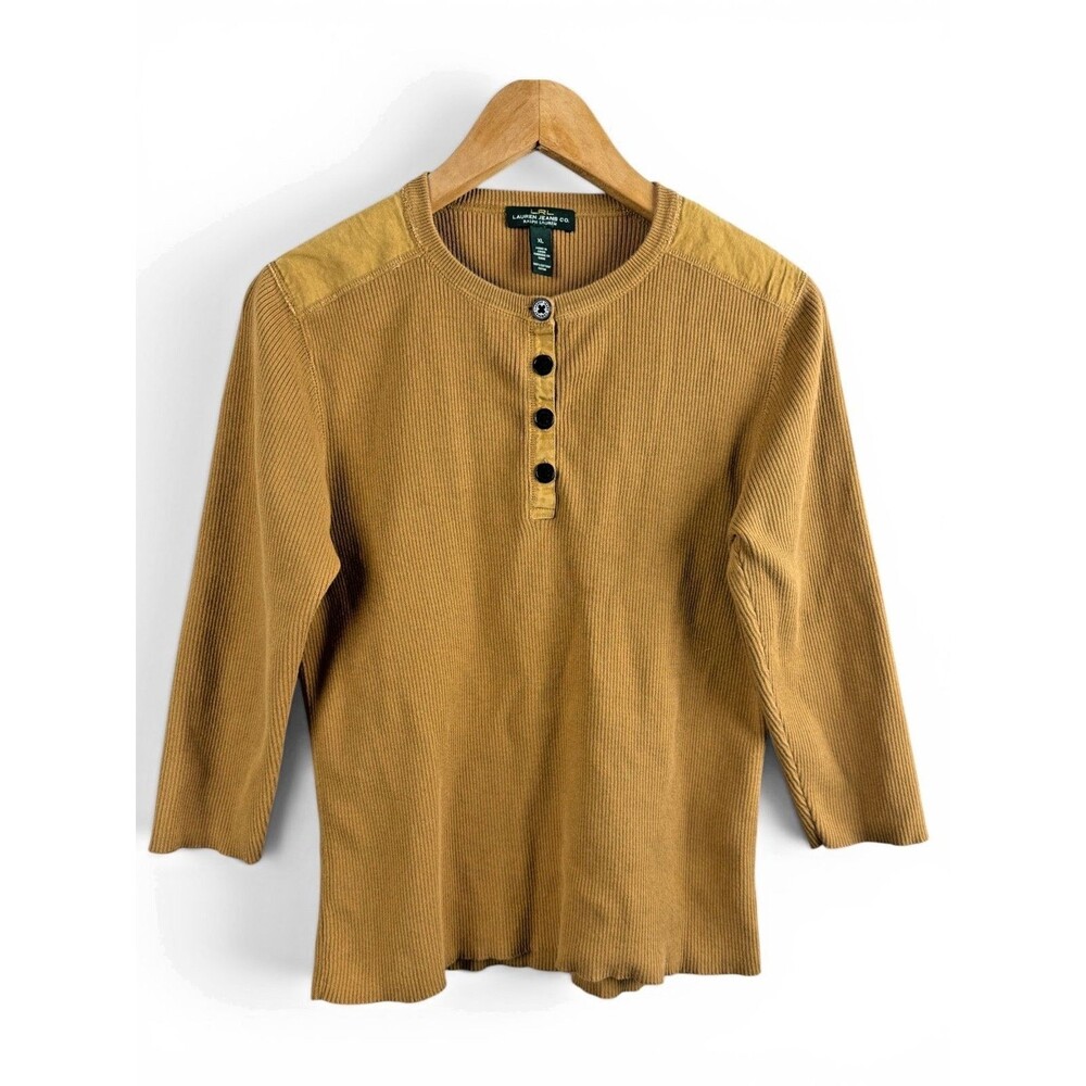 lauren ralph lauren ribbed henley top xl equestrian shoulder patches preppy